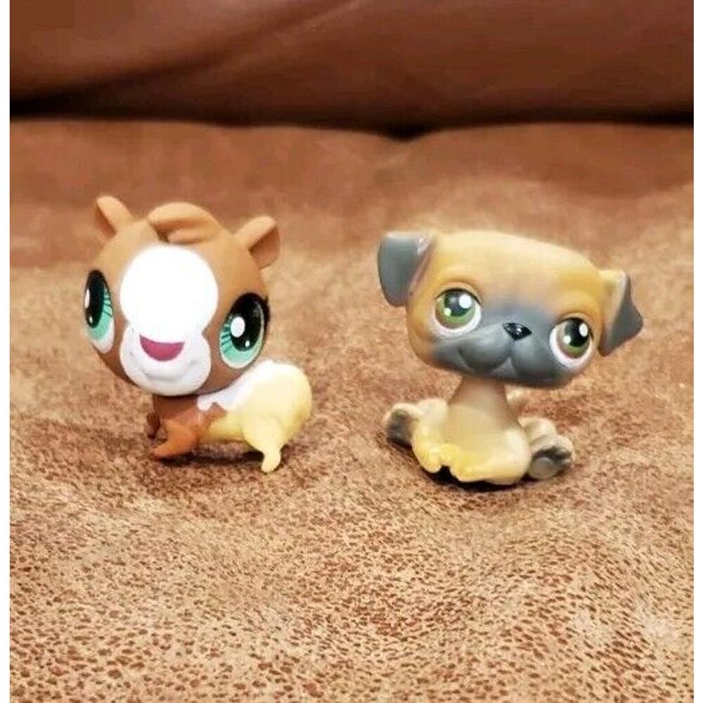 2 Littlest Pet Shop 2004 Brown Pug Gray Muzzle Green-eyed Hamster Tan Bottom